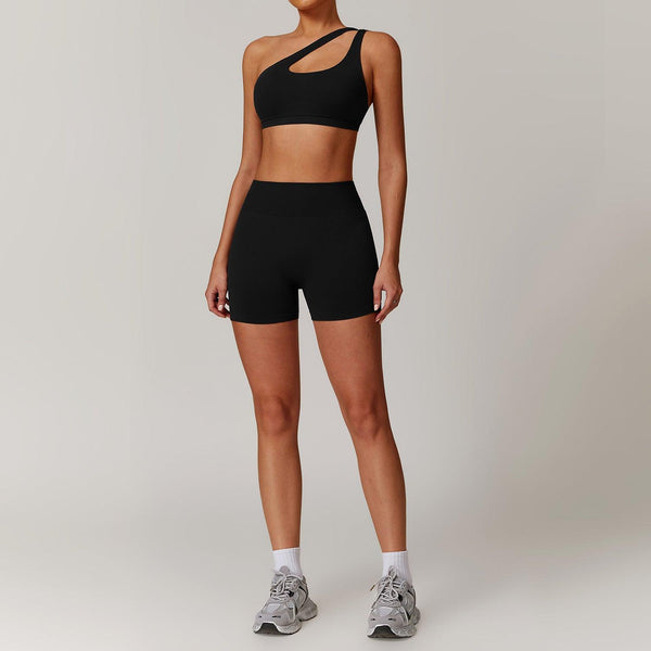 Slant Shoulder Bra + High-Waisted Shorts Yoga Set | Country Girl Fitness Outfit