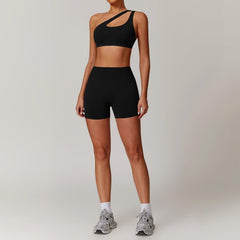 Slant Shoulder Bra + High-Waisted Shorts Yoga Set | Country Girl Fitness Outfit